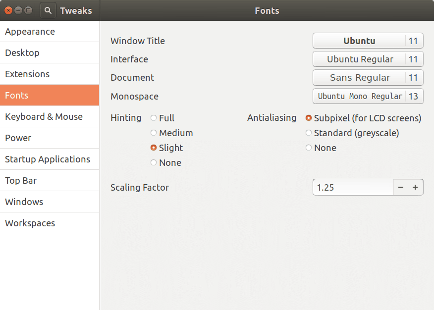 Gnome tweak tool fonts